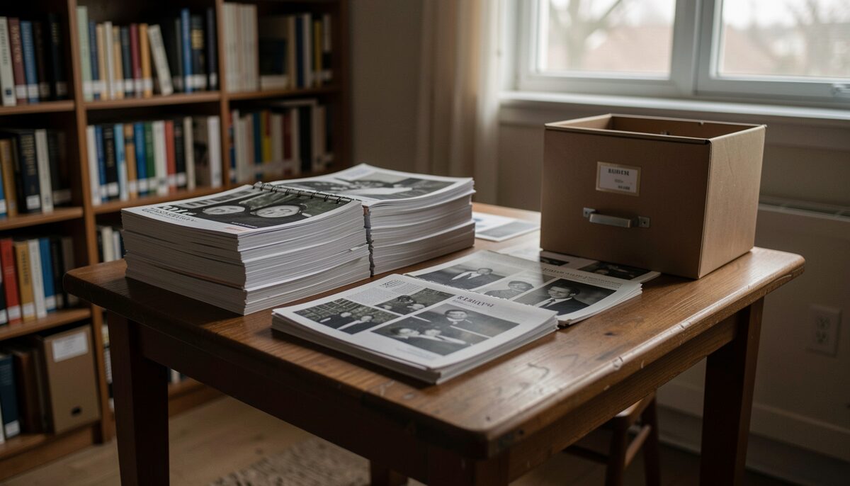 A table with stacked newsletters, black and white photographs and a filing box in a dim community archive room.