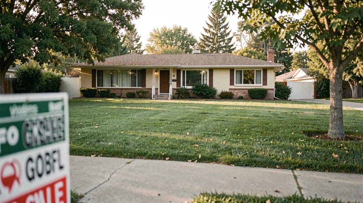 A 1970s single-storey ranch house with a wide lawn in a leafy suburban street in late afternoon light, framed from the sidewalk with a for-sale sign partly visible.