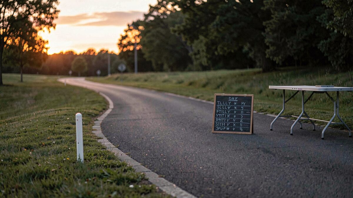 A quiet one-mile running loop at dusk, a small white stake at the loop's edge, a chalk tally board beside a folding aid table, low warm light, wide framing.